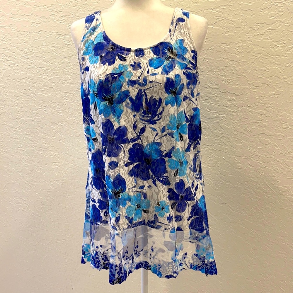 Cupio long tank top swim cover up blue and white floral lightweight large